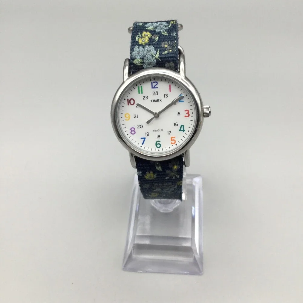 Timex Indiglo Womens Watch 31mm White Dial Blue Floral Nylon Strap New Battery